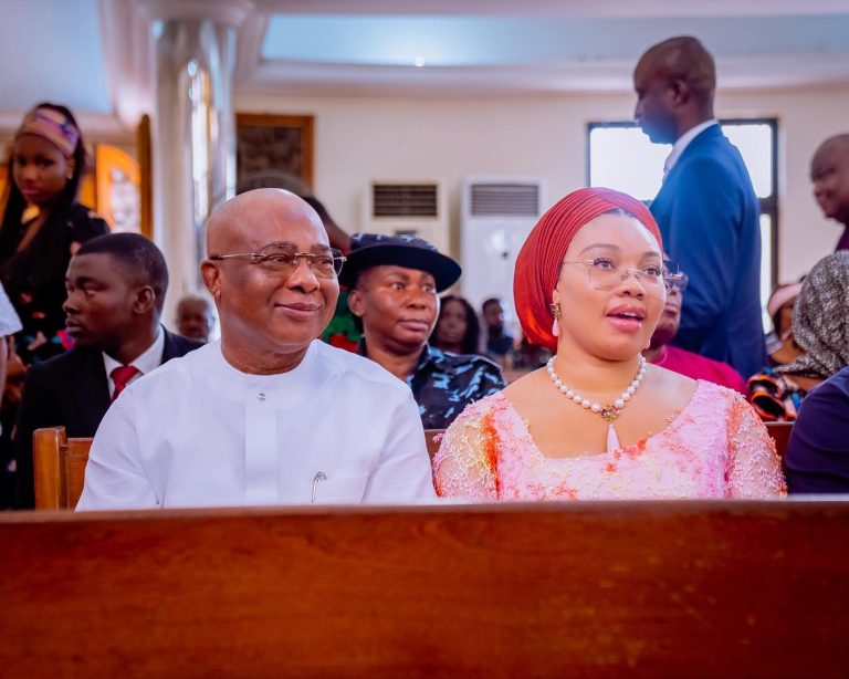 Imo State Governor, HE Hope Uzodimma and First Lady, HE Chioma Uzodimma attends service at the Holy Trinity Catholic Church, Maitama, Abuja